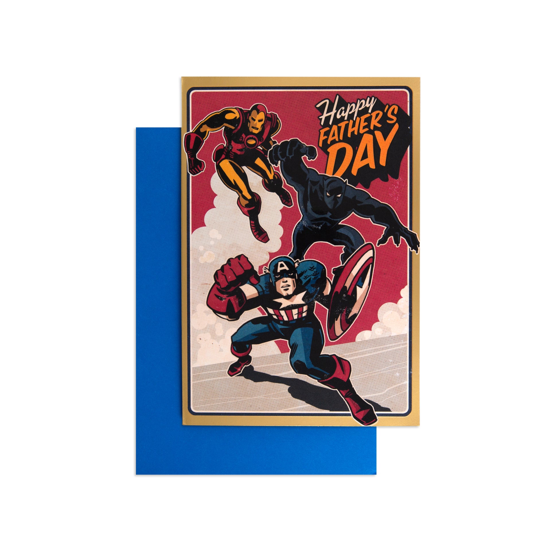 Fcc Gen Male Marvel card featuring superheroes Iron Man, Black Panther, and Captain America with blue background and festive message.