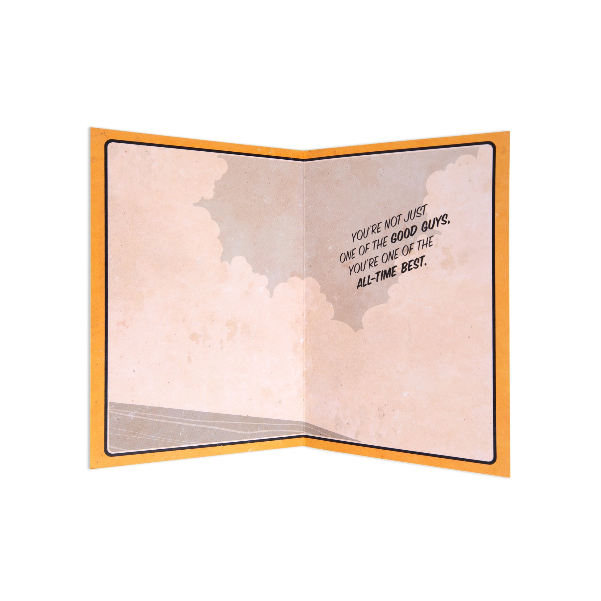 Fcc Gen Male Marvel greeting card featuring inspirational message inside, showing a pastel sky design and orange border.