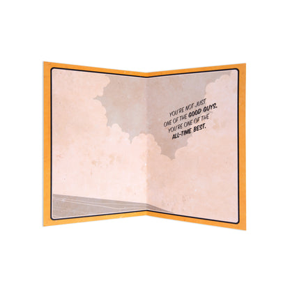 Fcc Gen Male Marvel greeting card featuring inspirational message inside, showing a pastel sky design and orange border.