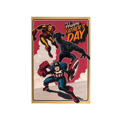 Fcc Gen Male Marvel greeting card featuring Iron Man, Black Panther, and Captain America with a 'Happy Father's Day' message.