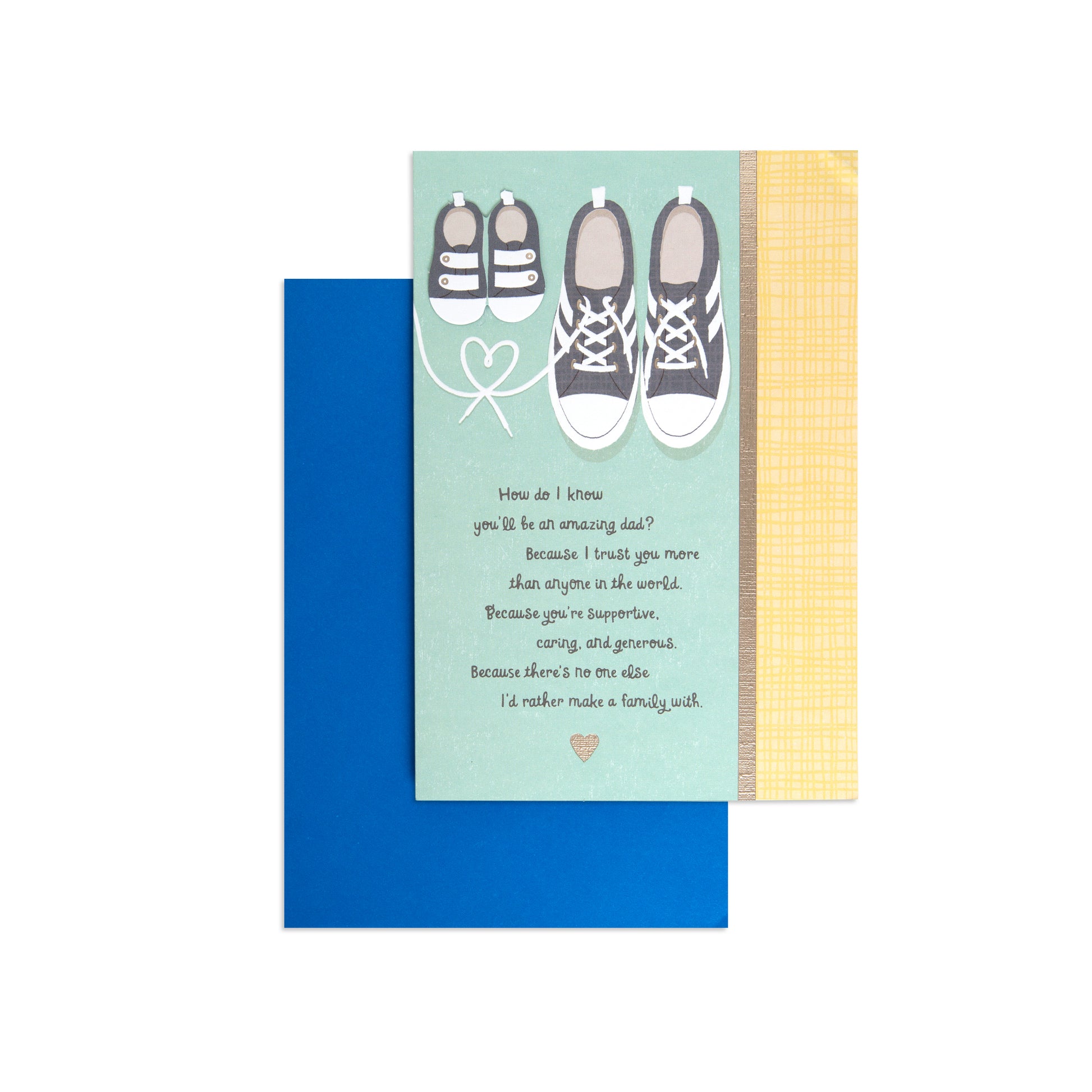 Fcc New Dad Shoes greeting card with shoes illustration and heartfelt message on a blue and yellow background, flat lay view.