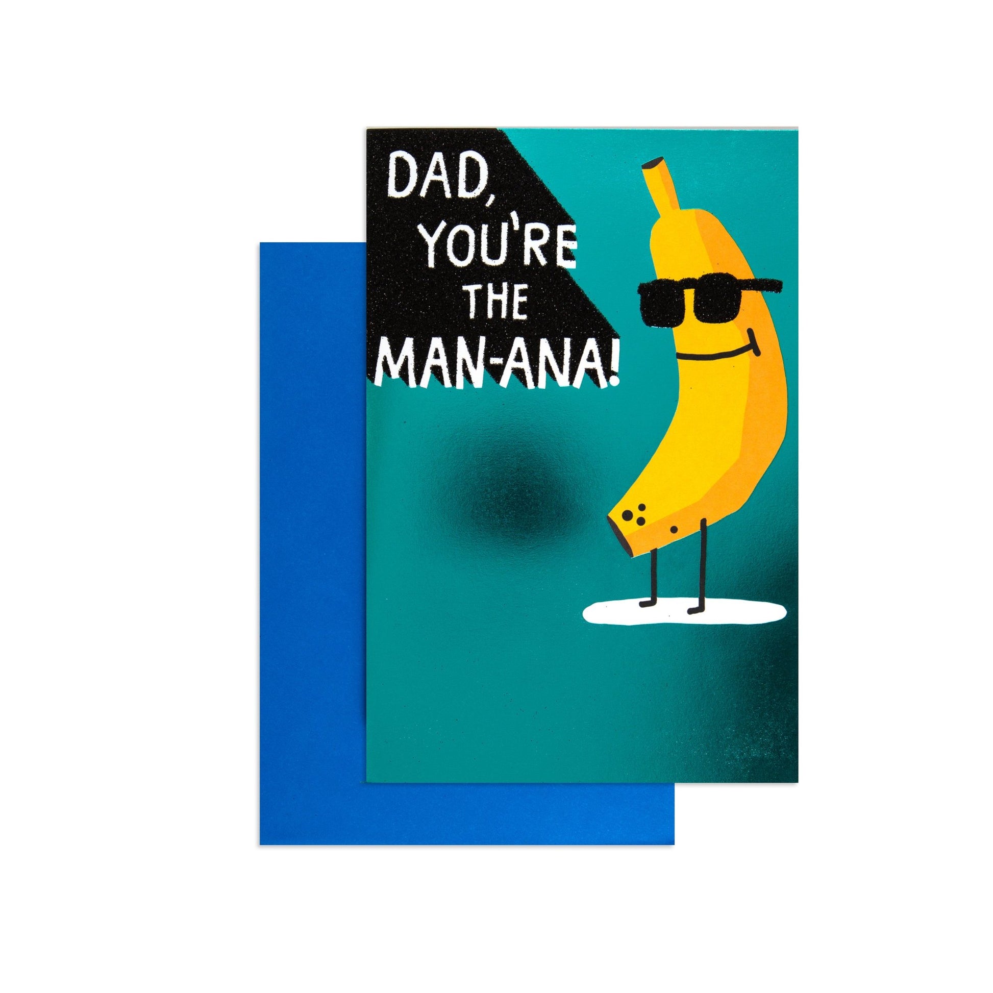 Hallmark Father's Day Card - You're The Man-Ana! features a banana in sunglasses with blue foil accents on a bright background.