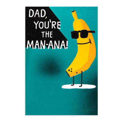 Hallmark Father's Day card - You're The Man-Ana! featuring a cartoon banana wearing sunglasses on a teal background.