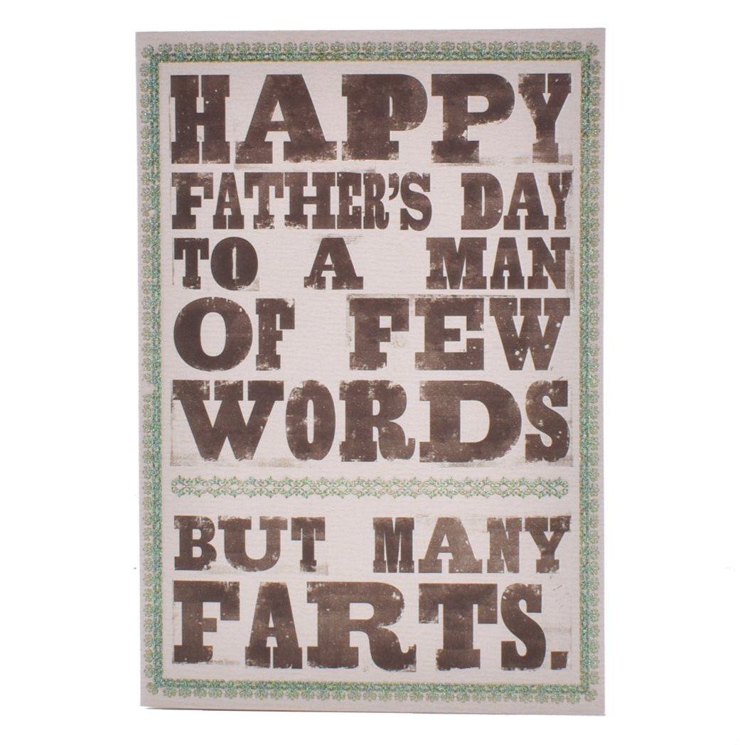 Hallmark Father's Day Card - Few Words, Many Farts with bold text design on front, featuring green decorative border.