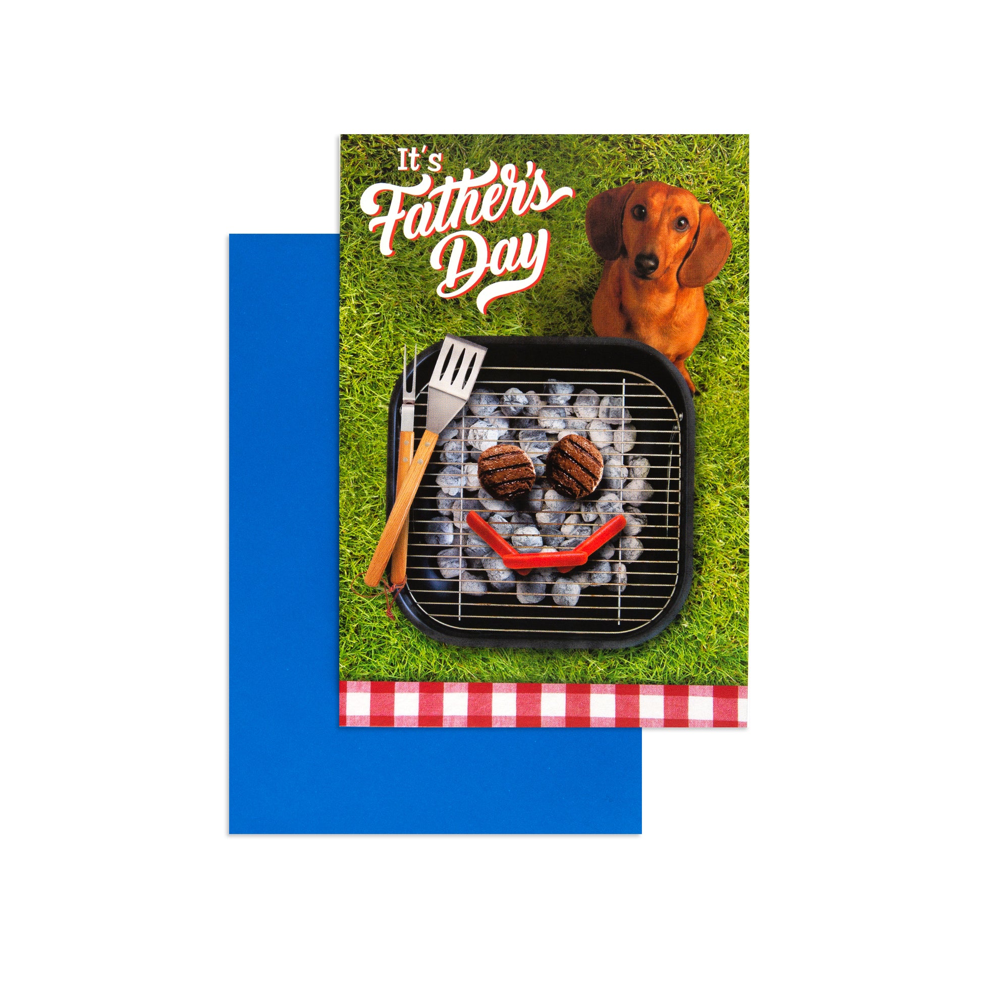Hallmark Father's Day Card - Well Done featuring a dachshund and BBQ scene with coordinating blue envelope in a flat lay.