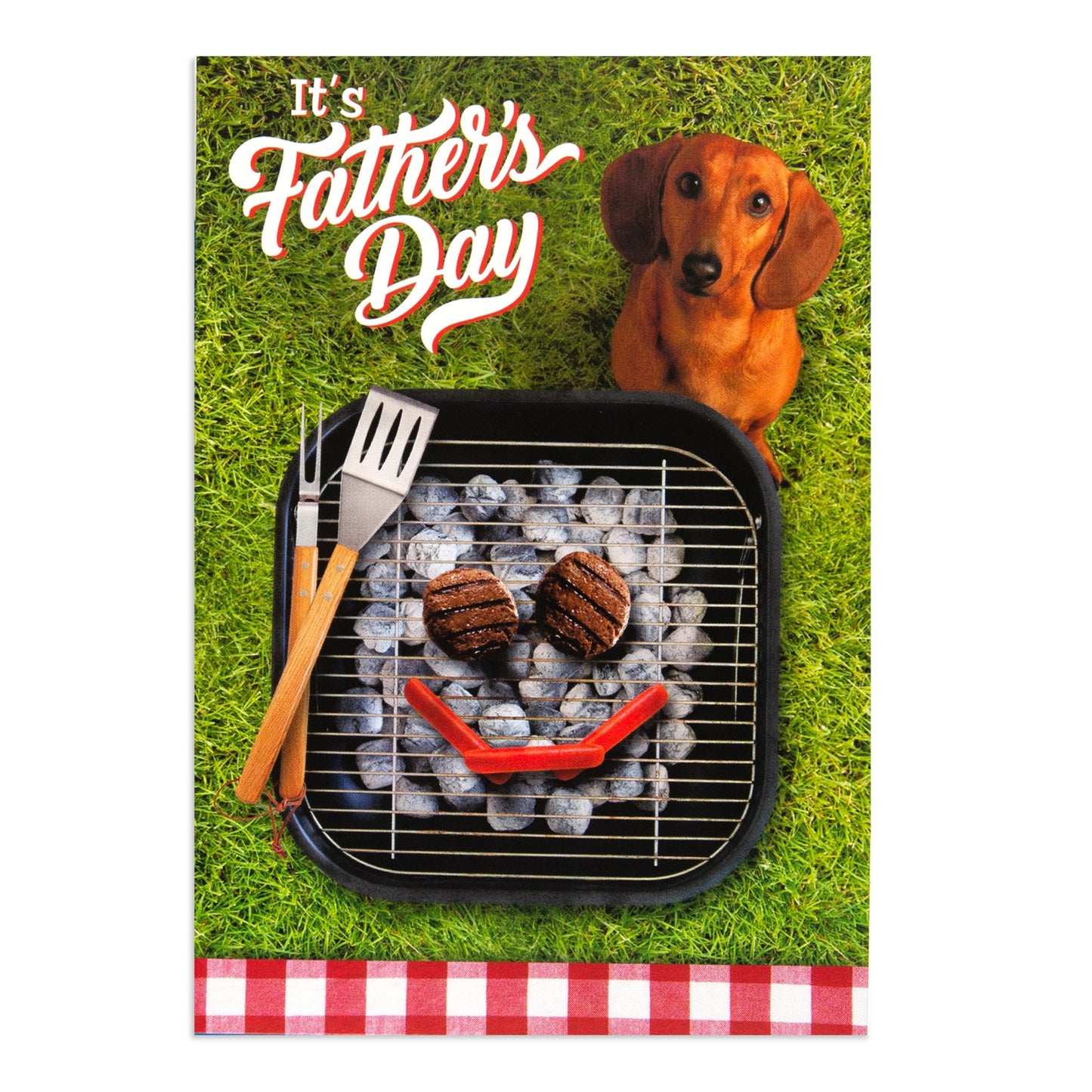 Hallmark Father's Day Card - Well Done featuring a dachshund beside a BBQ grill with a smiley face made of food items.
