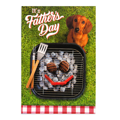 Hallmark Father's Day Card - Well Done featuring a dachshund beside a BBQ grill with a smiley face made of food items.