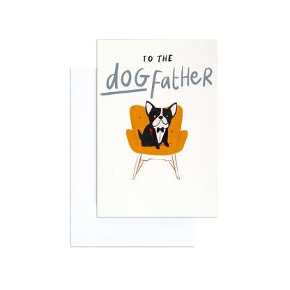 Father Opn 035 greeting card featuring a cartoon bulldog in a bowtie sitting in an orange chair, flat lay view.