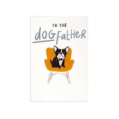 Father Opn 035 greeting card featuring a dog in a tuxedo on a yellow chair with playful lettering