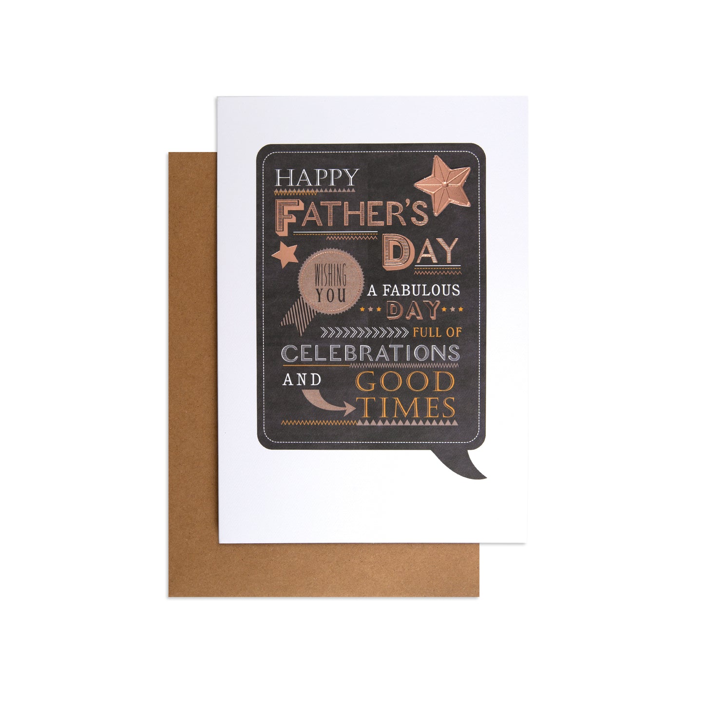 Male Opn 090 Father's Day greeting card with festive typography and brown kraft envelope, flat lay display.