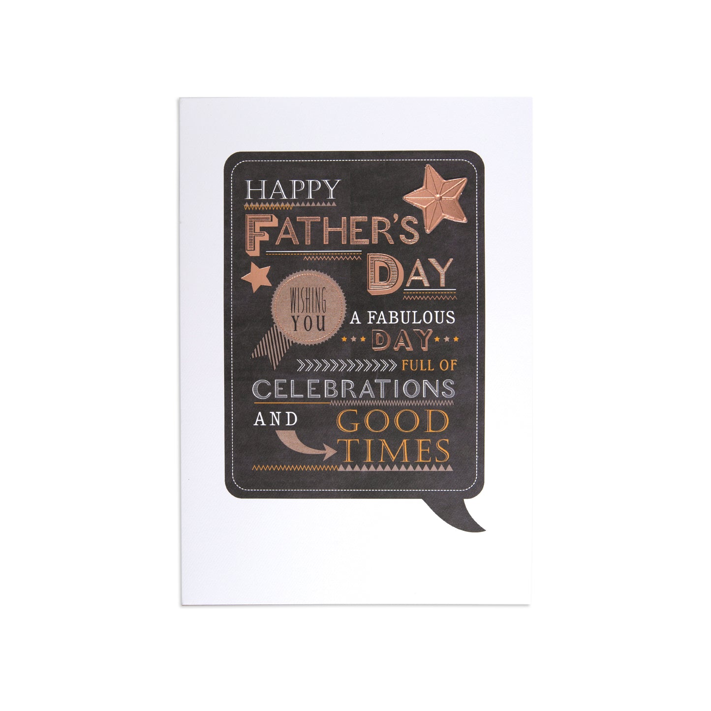 Male Opn 090 Father's Day card in black with copper accents featuring festive text and a speech bubble design.