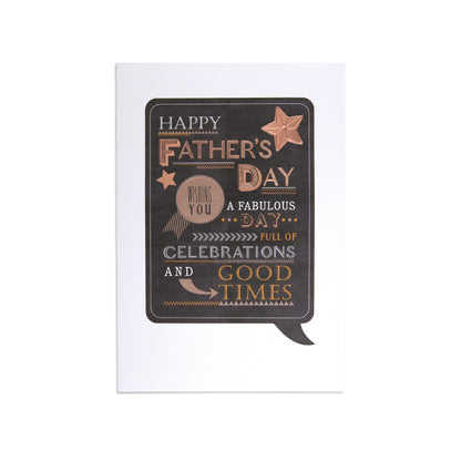 Male Opn 090 Father's Day card in black with copper accents featuring festive text and a speech bubble design.
