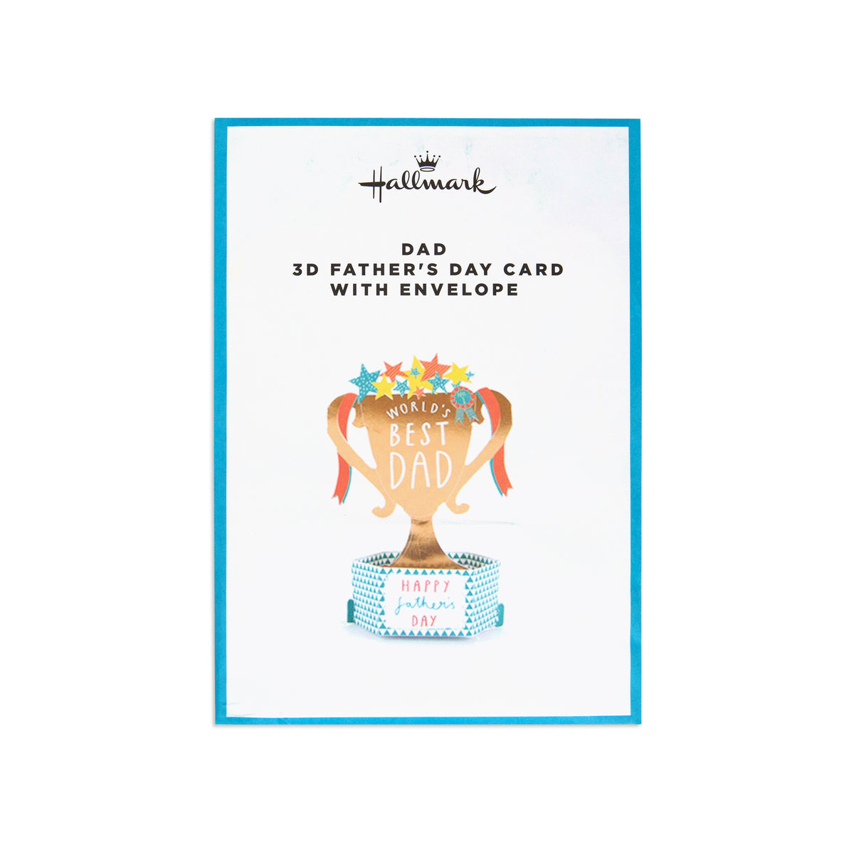 Hallmark 3D Father's Day card with envelope, featuring a gold trophy illustration with colorful stars and the words 'World's Best Dad' on a white card with a blue border.
