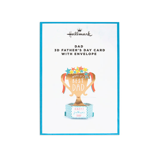 Hallmark 3D Father's Day card with envelope, featuring a gold trophy illustration with colorful stars and the words 'World's Best Dad' on a white card with a blue border.