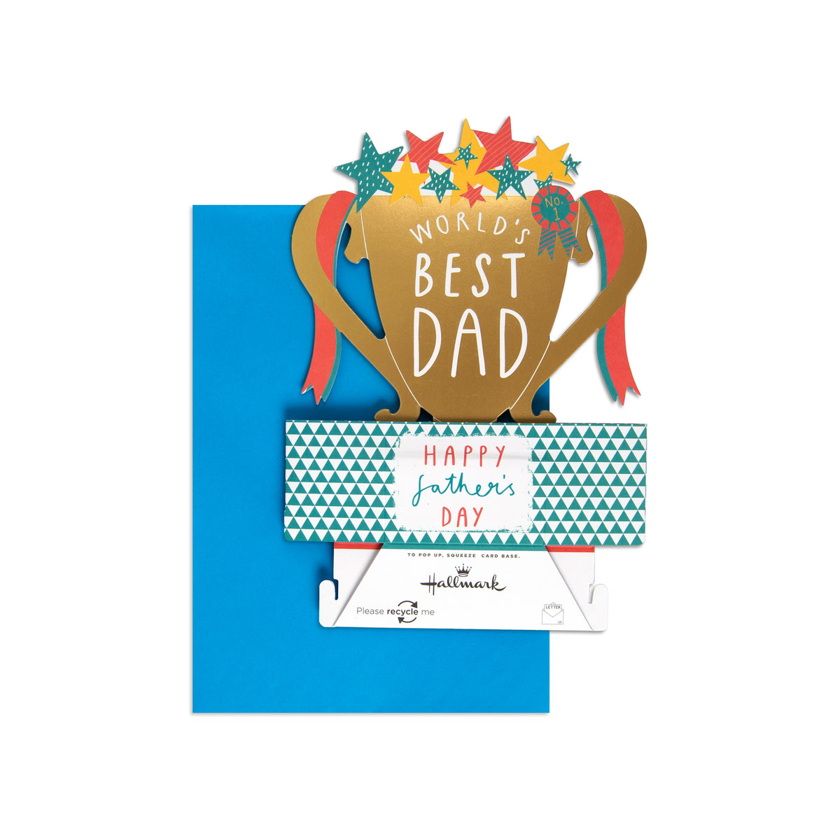 A Father's Day greeting card set by Hallmark featuring a 3D pop-up trophy design with the words 'WORLD'S BEST DAD' and a 'HAPPY father's DAY' banner, shown with a blue envelope on a white background.