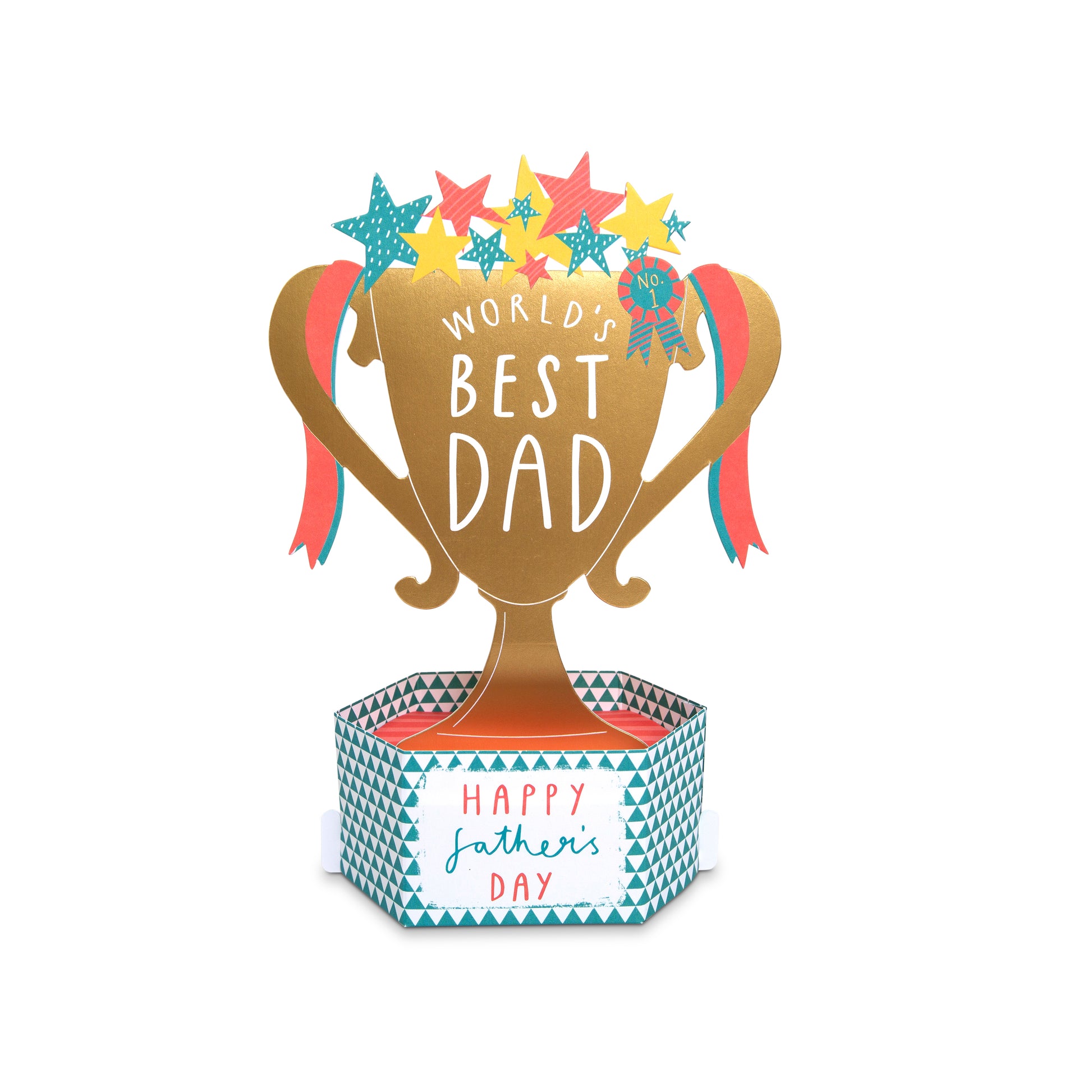 A Father's Day trophy-shaped card or decoration with a gold trophy cup reading 'WORLD'S BEST DAD,' colorful stars on top, ribbon accents, and a patterned base that says 'Happy father's day.'.