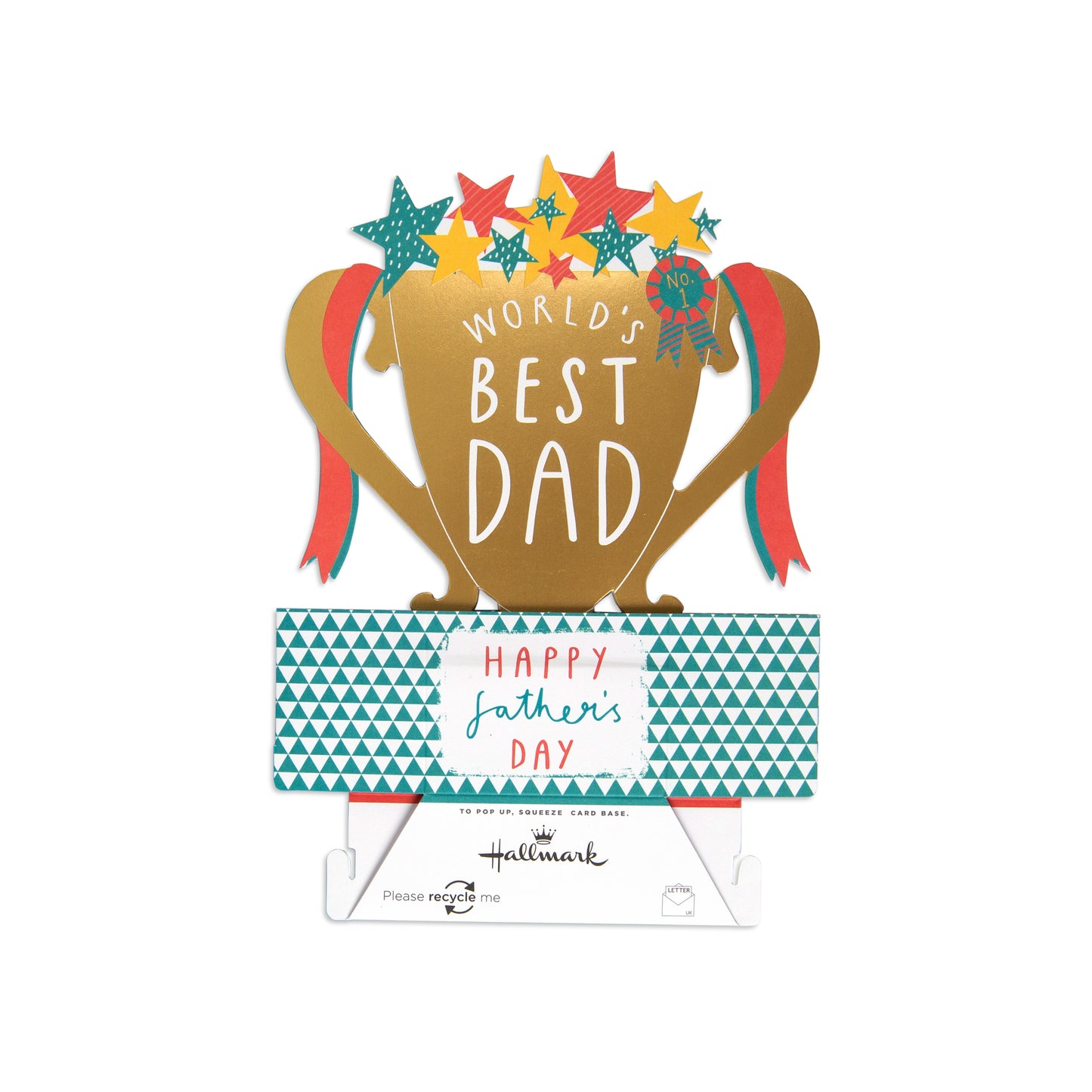 Hallmark 3D pop-up card for Father's Day featuring a gold trophy with colorful stars, red ribbons, and the words 'World's Best Dad' above a teal patterned banner that reads 'Happy father's Day'.