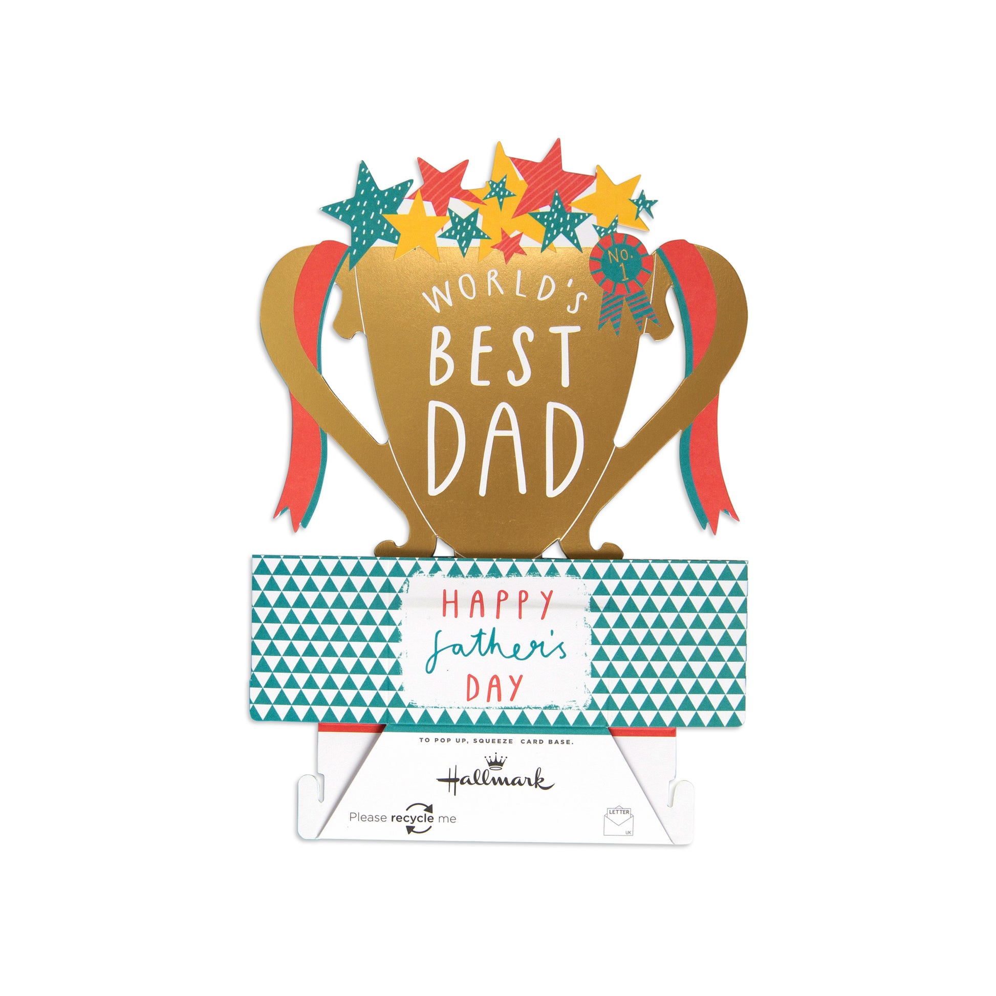 Hallmark 3D pop-up card for Father's Day featuring a gold trophy with colorful stars, red ribbons, and the words 'World's Best Dad' above a teal patterned banner that reads 'Happy father's Day'.