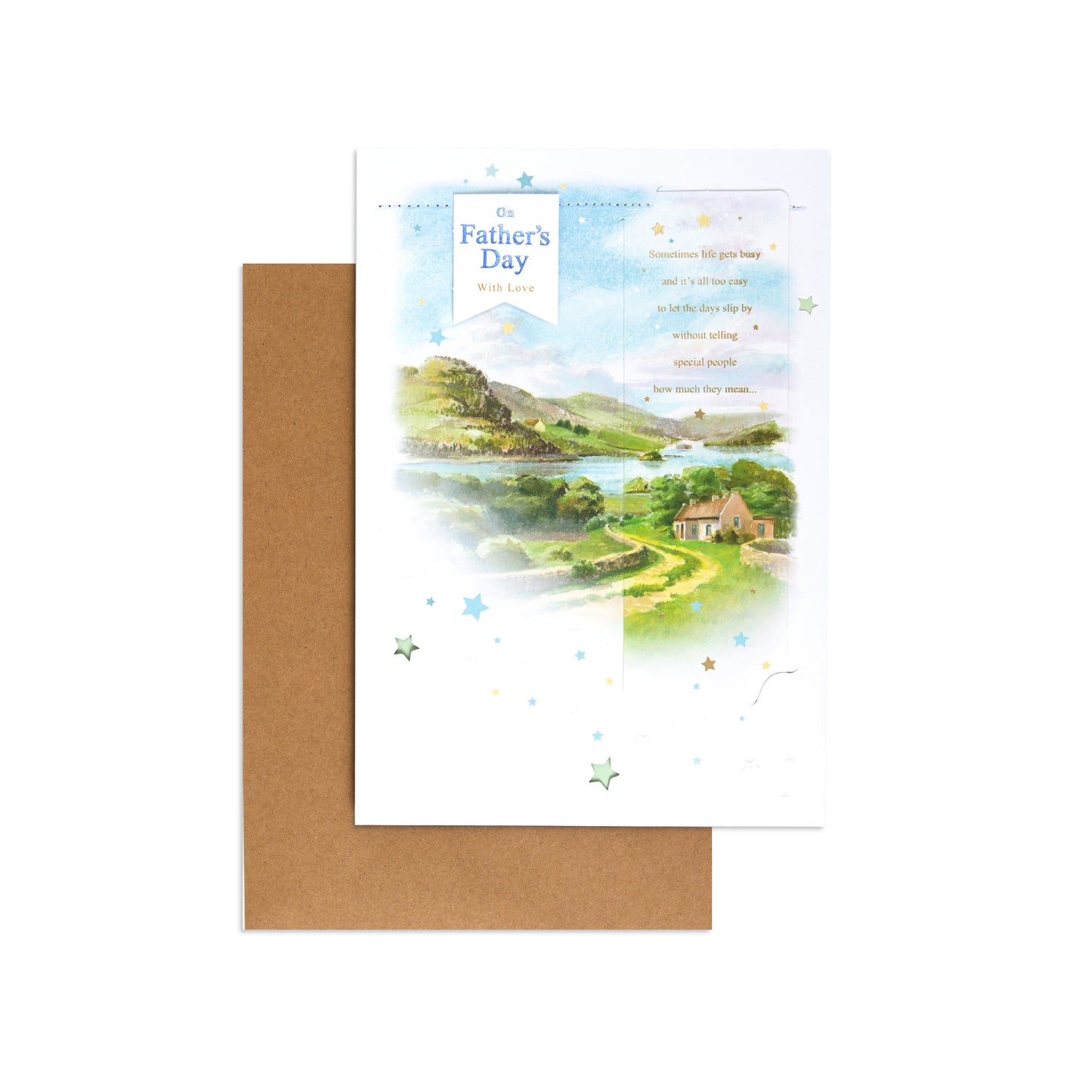 Male Opn 150 Father's Day card featuring a scenic landscape design with a brown envelope.