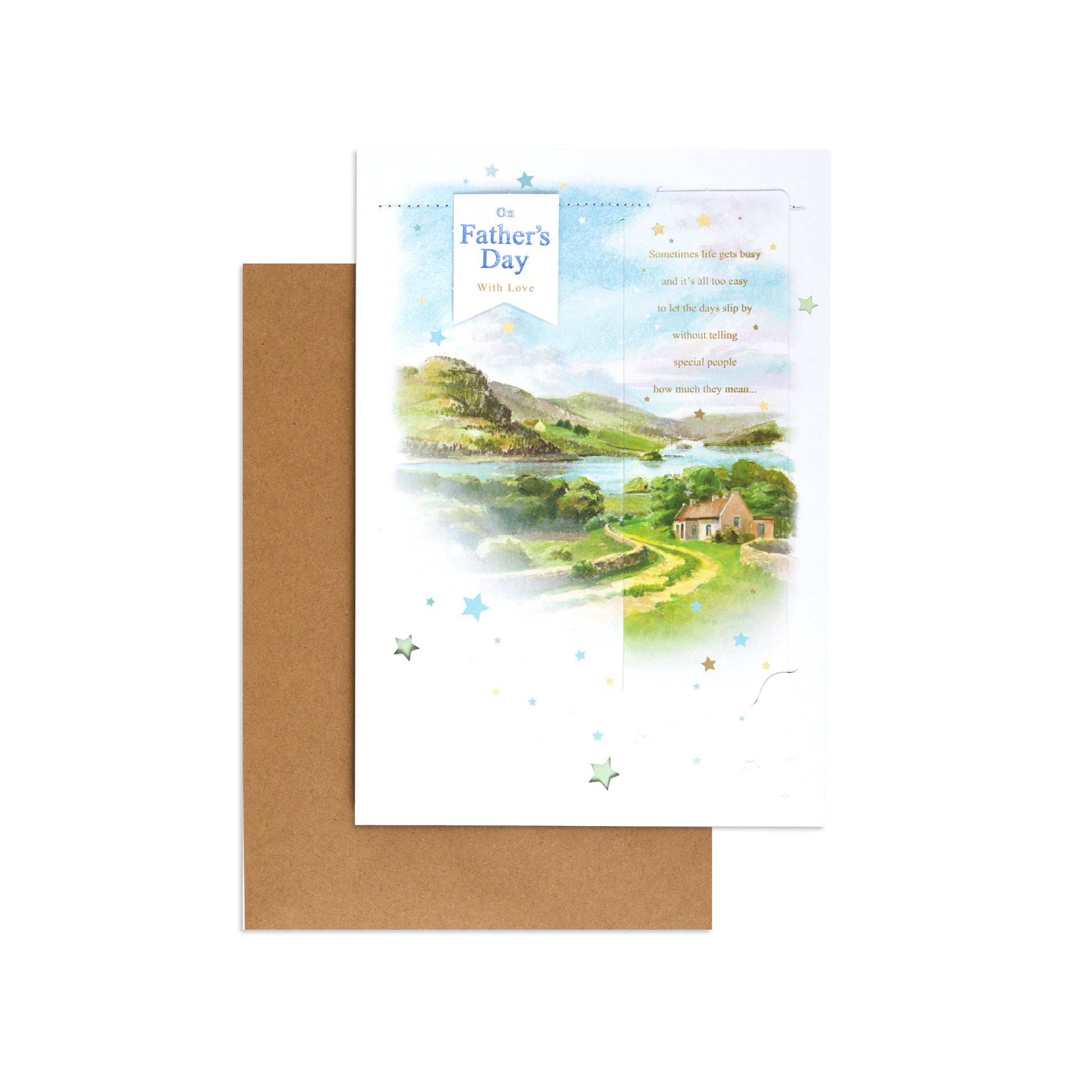Male Opn 150 Father's Day card featuring a scenic landscape design with a brown envelope.