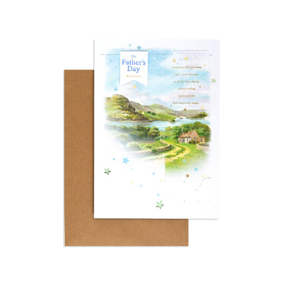 Male Opn 150 Father's Day card featuring a scenic landscape design with a brown envelope.