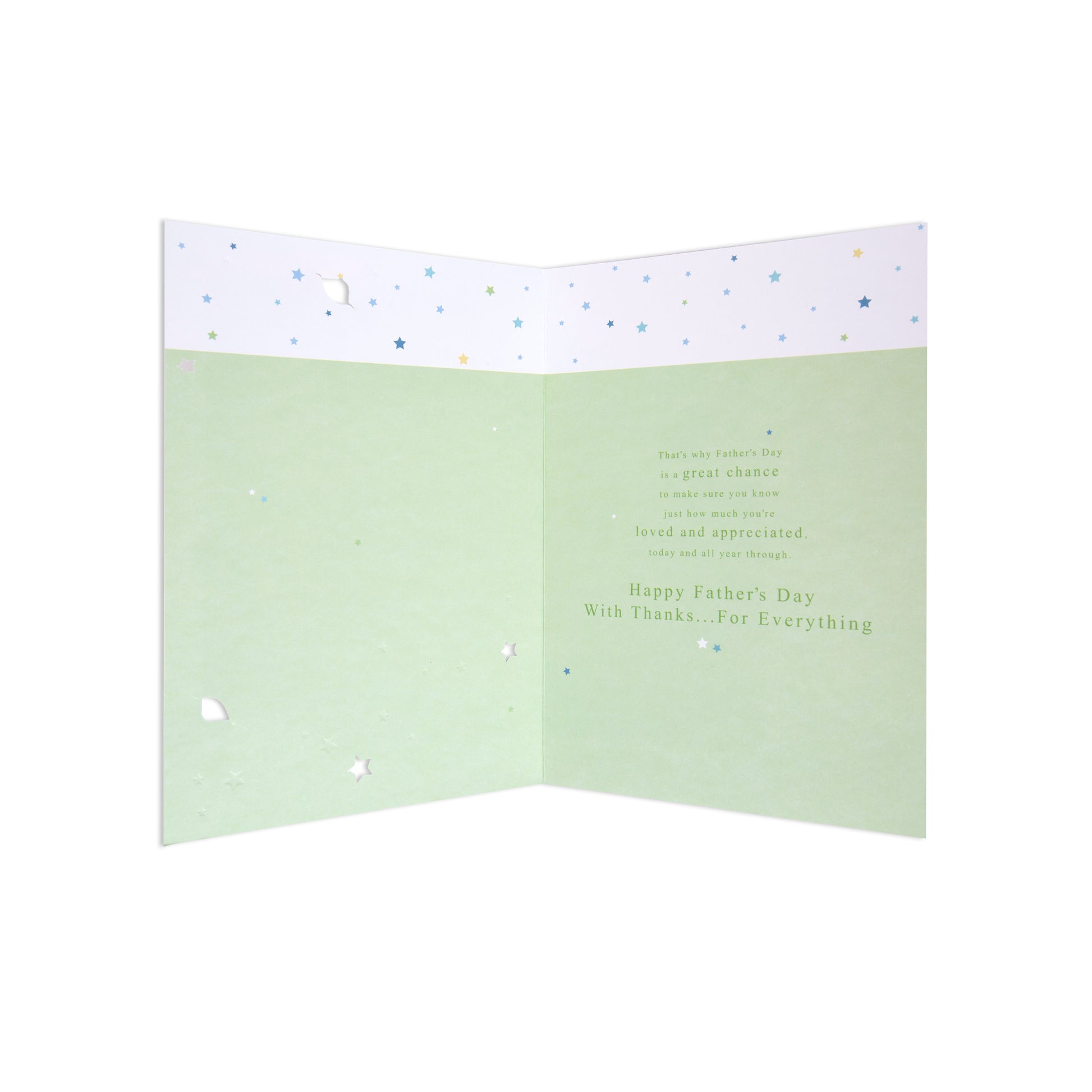 Male Opn 150 greeting card with starry design, featuring heartfelt Father's Day message inside, flat lay view
