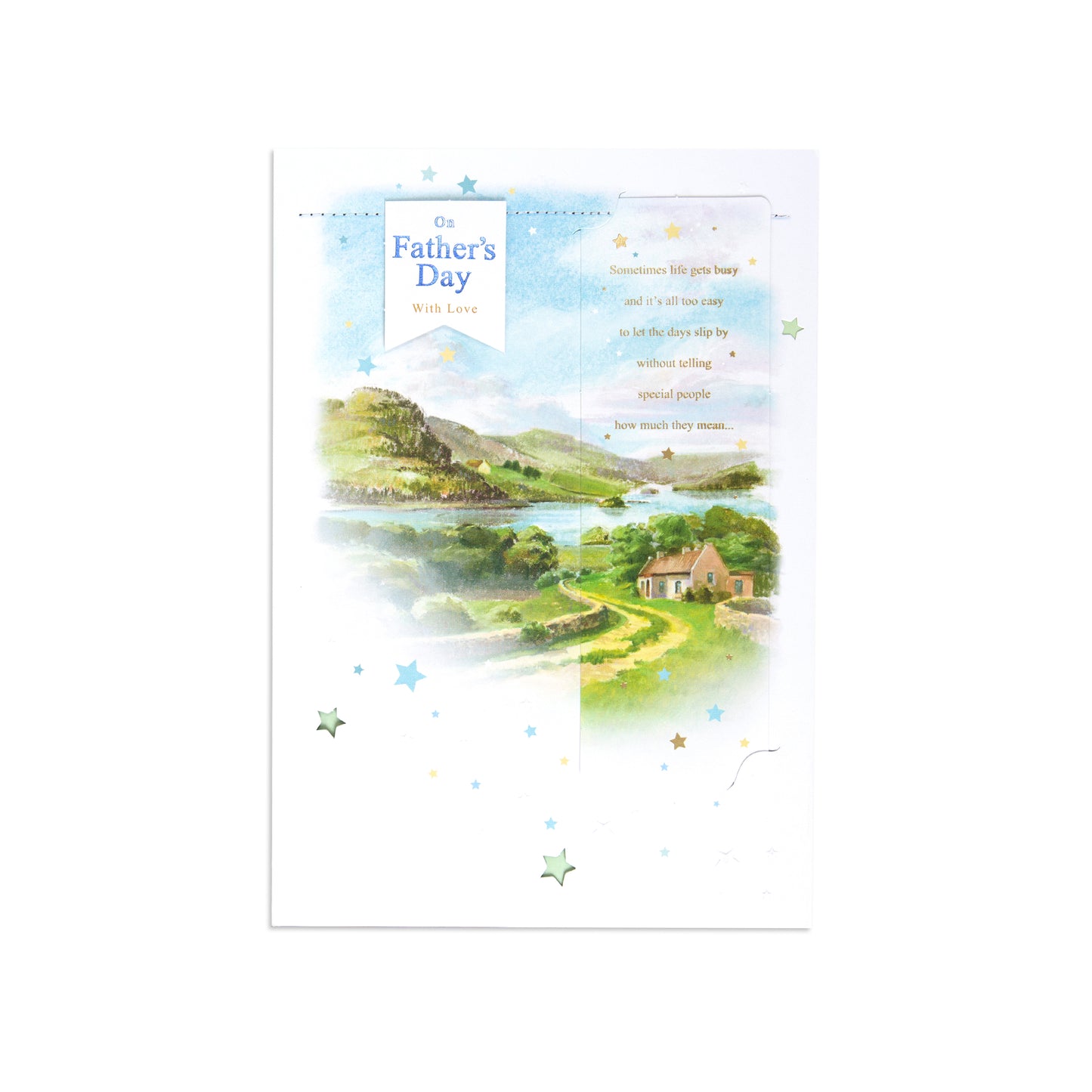 Male Opn 150 Father's Day card with scenic landscape illustration and heartfelt message.