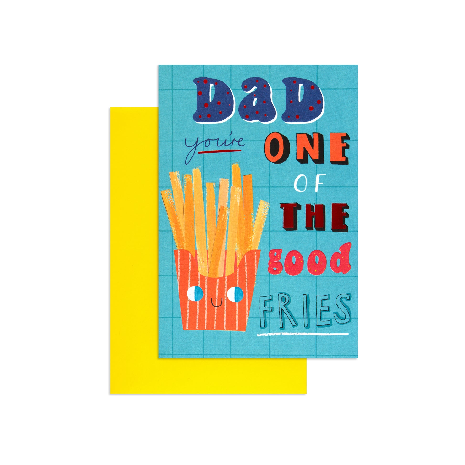 Hallmark Father's Day Card - One Of The Good Fries with colourful lettering and a bright yellow background, flat lay view.