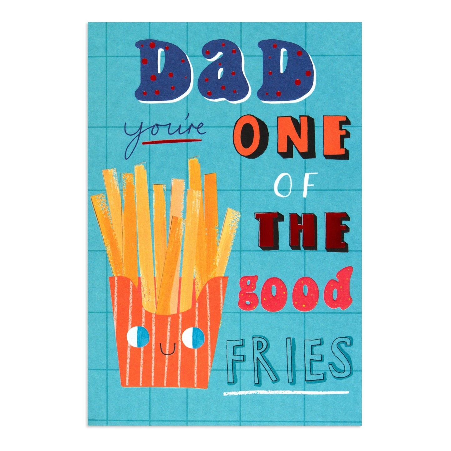 Hallmark Father's Day Card - One Of The Good Fries with colourful illustration of fries on a blue background, flat lay view.