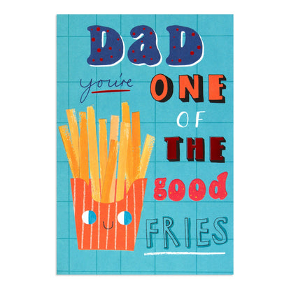 Hallmark Father's Day Card - One Of The Good Fries with colourful illustration of fries on a blue background, flat lay view.