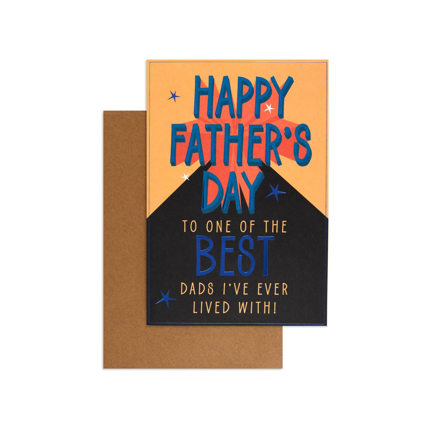 Hallmark Father's Day Card - Never Moving Out with colourful illustrations and star motifs, showing the front design and envelope.
