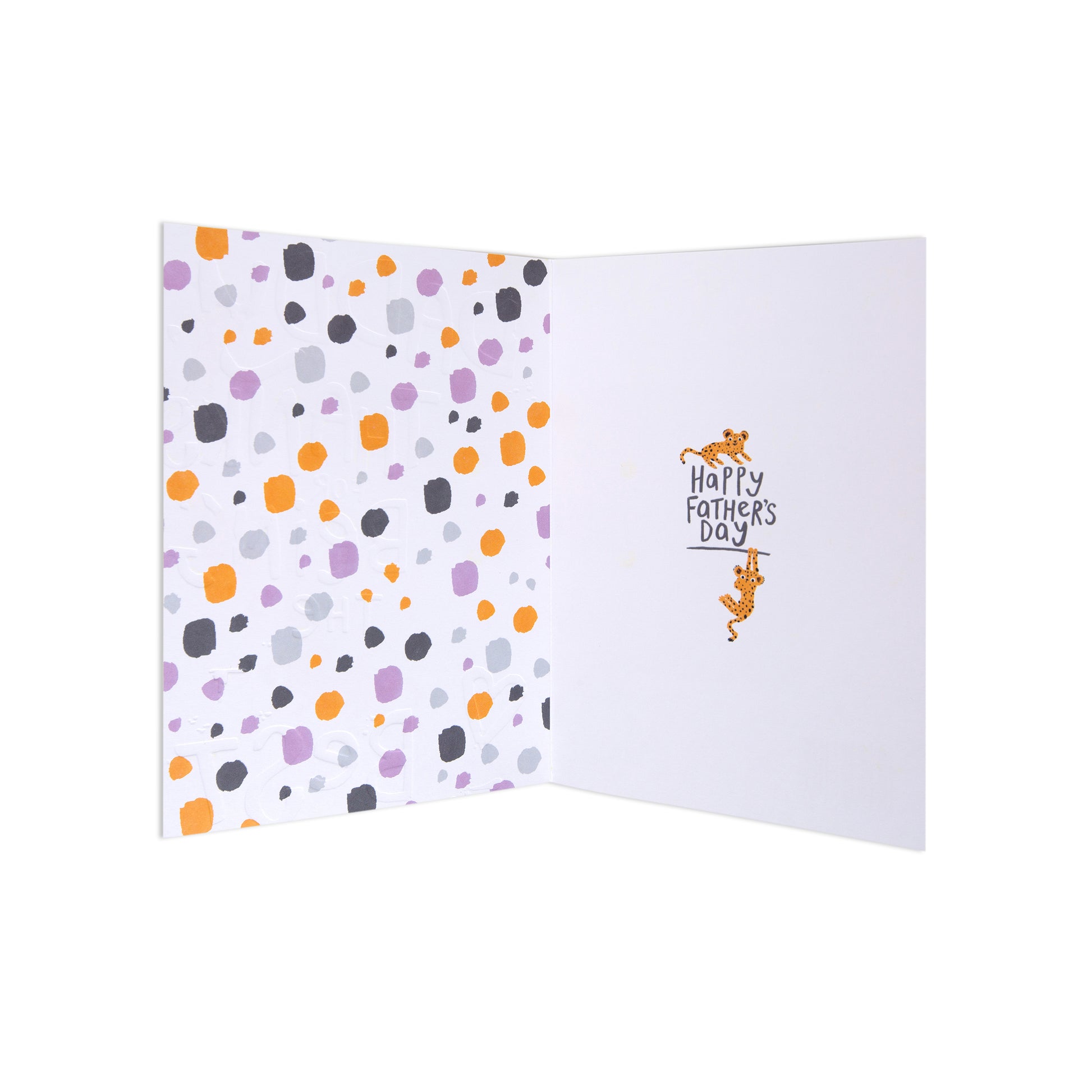 An open Father's Day greeting card with a white interior. The left panel features a pattern of scattered orange, purple, gray, and light blue dots on a white background.