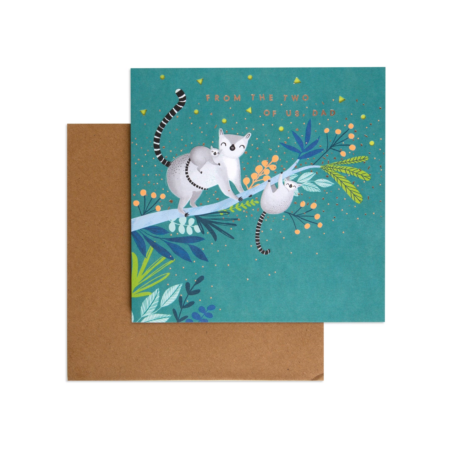 Dad Fbh 090 greeting card featuring playful koalas on a teal background, with a brown envelope alongside, flat lay view.
