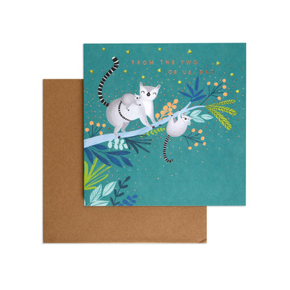 Dad Fbh 090 greeting card featuring playful koalas on a teal background, with a brown envelope alongside, flat lay view.