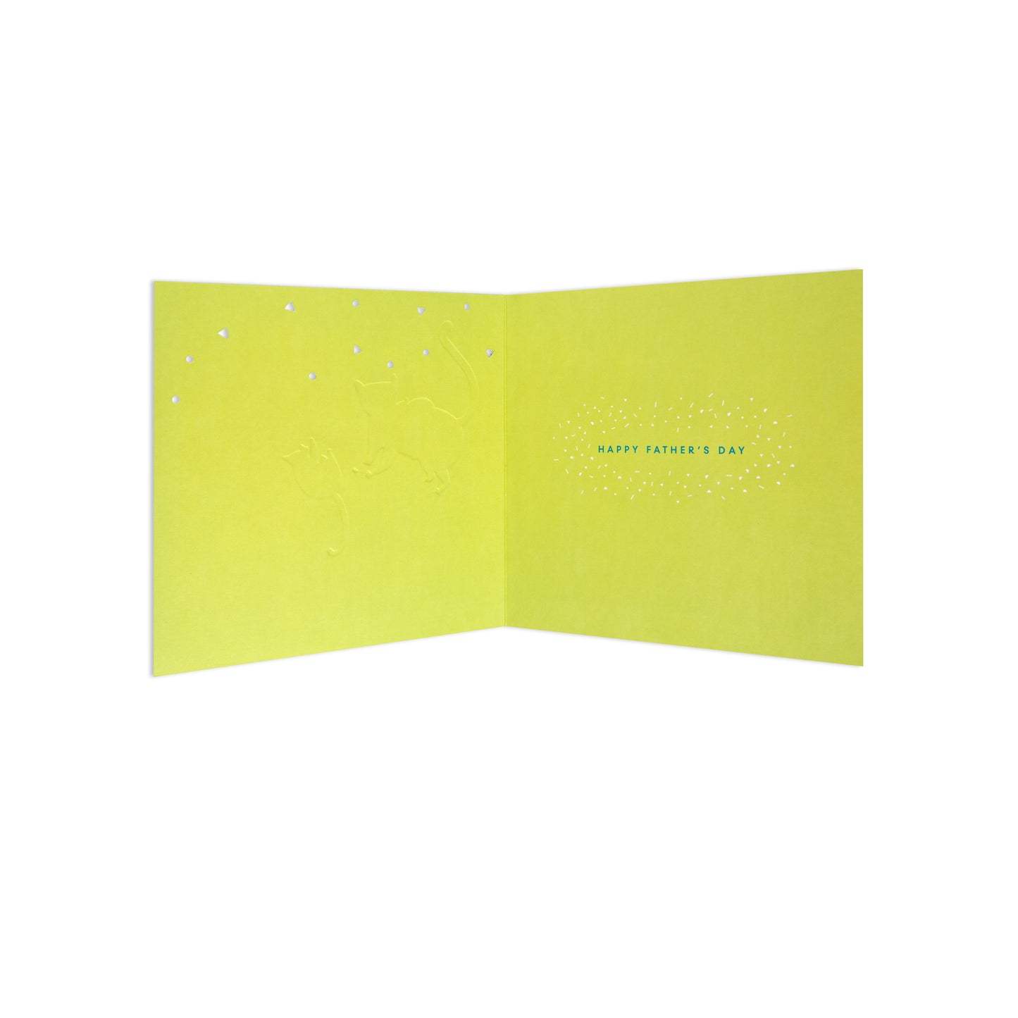 Dad Fbh 090 yellow Father's Day card featuring embossed design and inside message, displayed open for clarity.