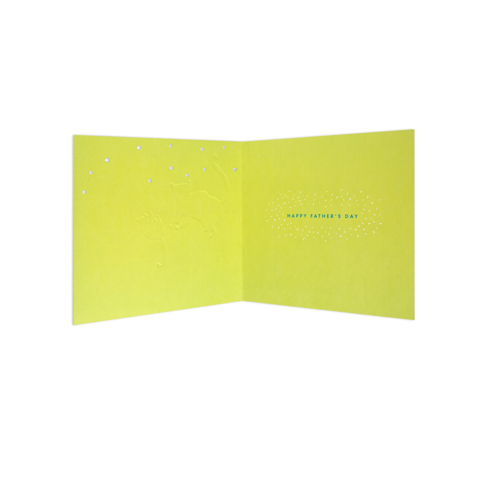 Dad Fbh 090 yellow Father's Day card featuring embossed design and inside message, displayed open for clarity.