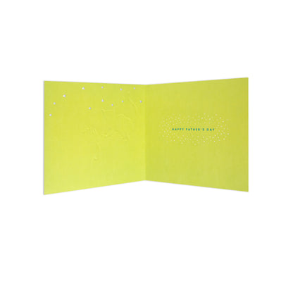 Dad Fbh 090 yellow Father's Day card featuring embossed design and inside message, displayed open for clarity.