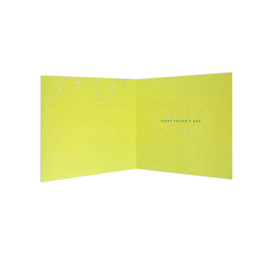 Dad Fbh 090 yellow Father's Day card featuring embossed design and inside message, displayed open for clarity.
