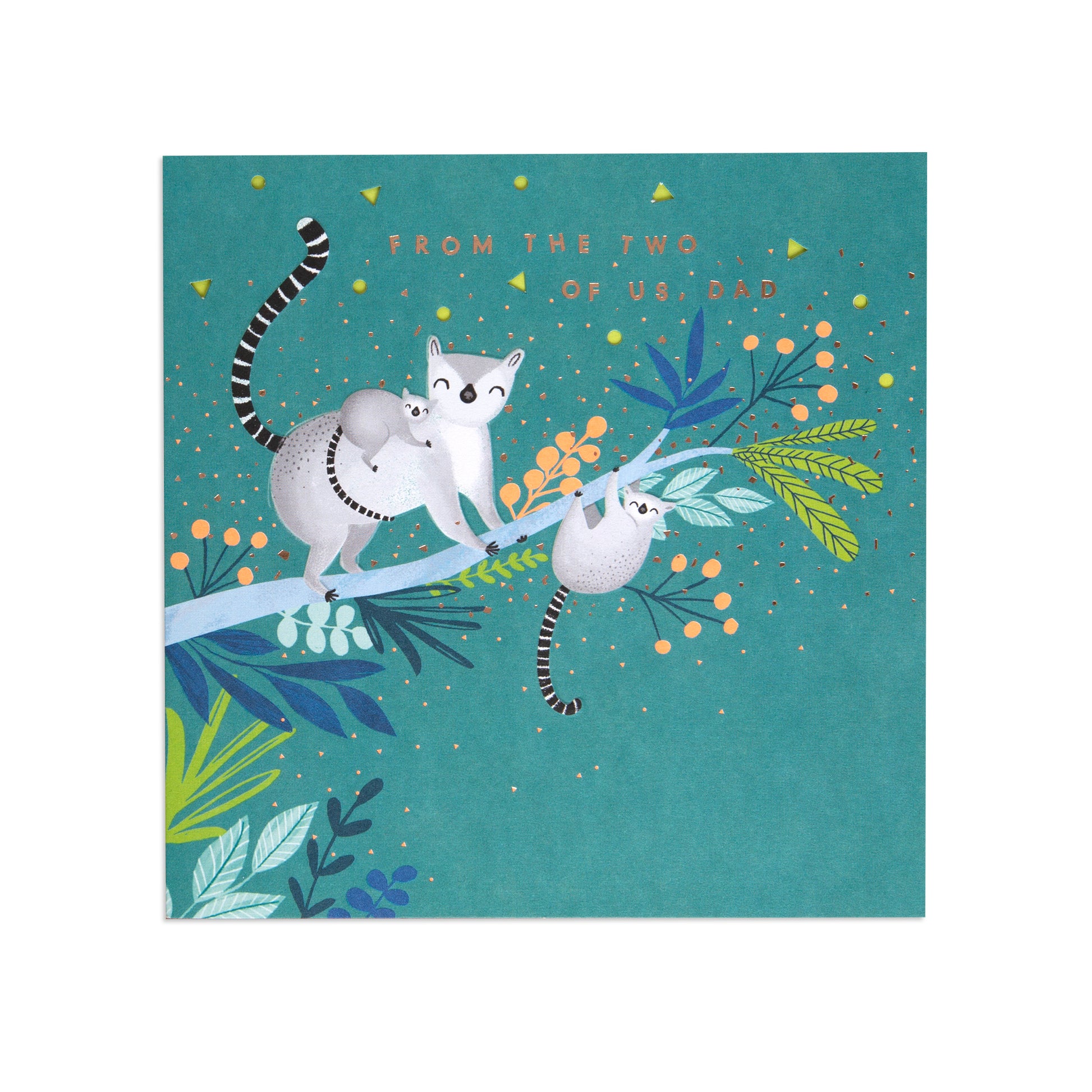 Dad Fbh 090 card featuring playful koala and lemur designs on a vibrant teal background, ideal for Father's Day.