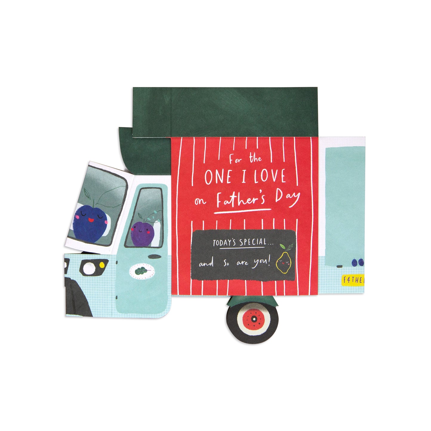 One I Love 150 Father's Day card in the shape of a food truck with colourful illustrations and a special message.