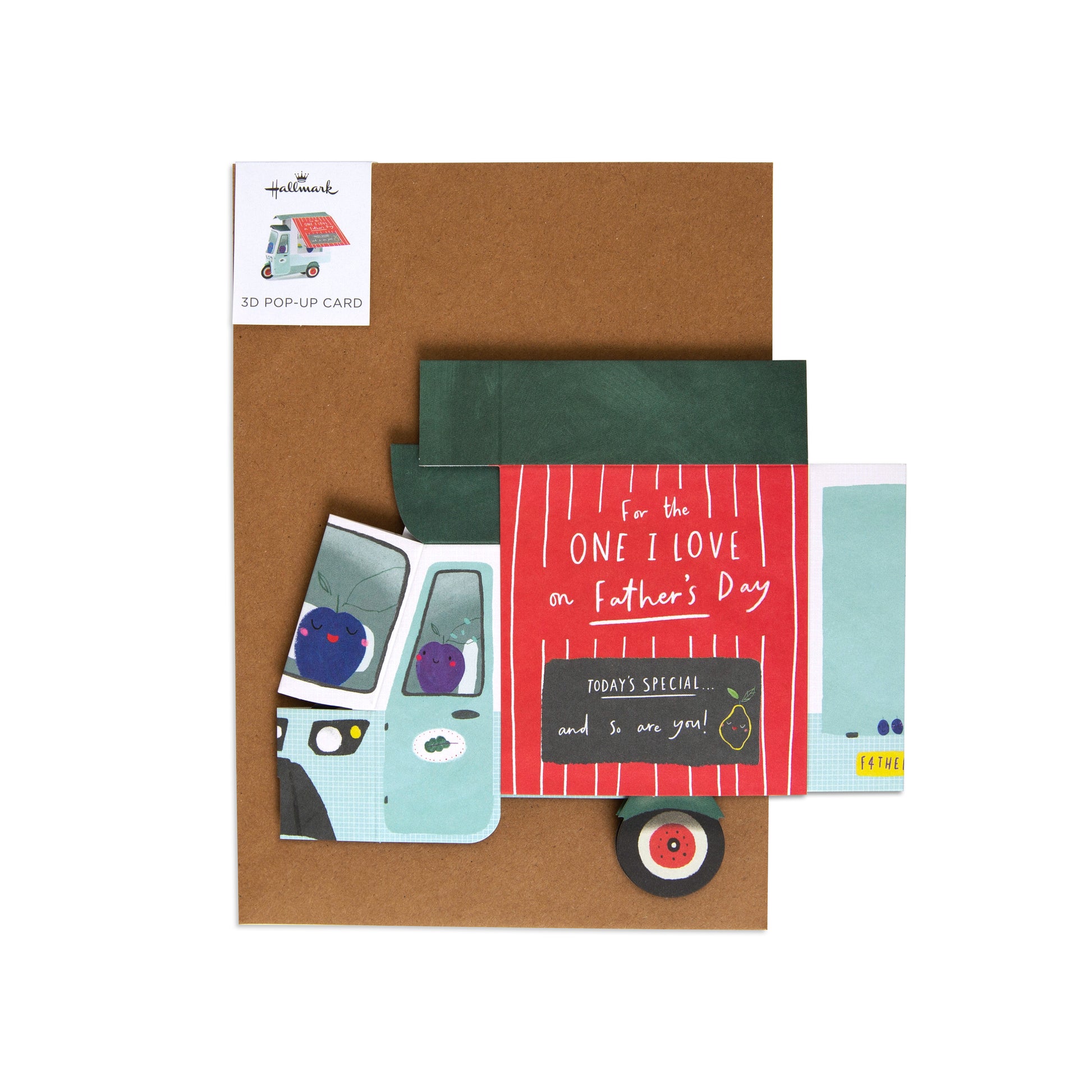 One I Love 150 pop-up Father's Day card featuring a colourful food truck design, displayed in its kraft envelope.