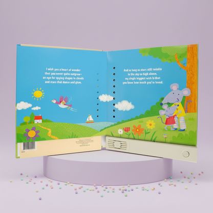 Open children's book with colorful illustrations of animals and nature on a purple stand.