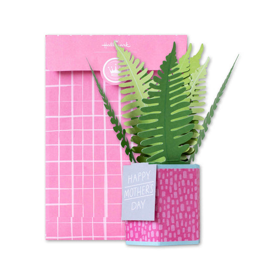 Hallmark Mother's Day Card - Paper Wonder Pop-up Happy Mother's Day in pink vase with paper fern, close-up view with envelope.