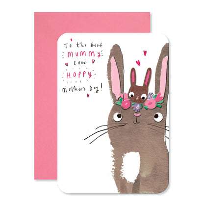 Hallmark Mother's Day Card - Best Mummy Ever featuring a cute bunny illustration, pink foil highlights, and neon peach envelope.