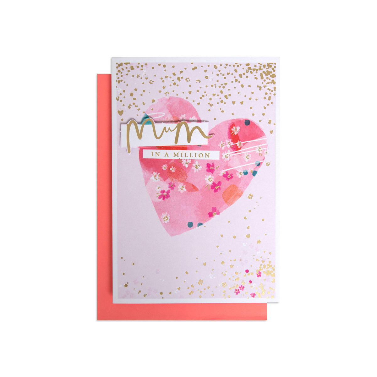 Hallmark Mother's Day Card - Mum in a million with pink heart design and gold foil highlights, flat lay with envelope.