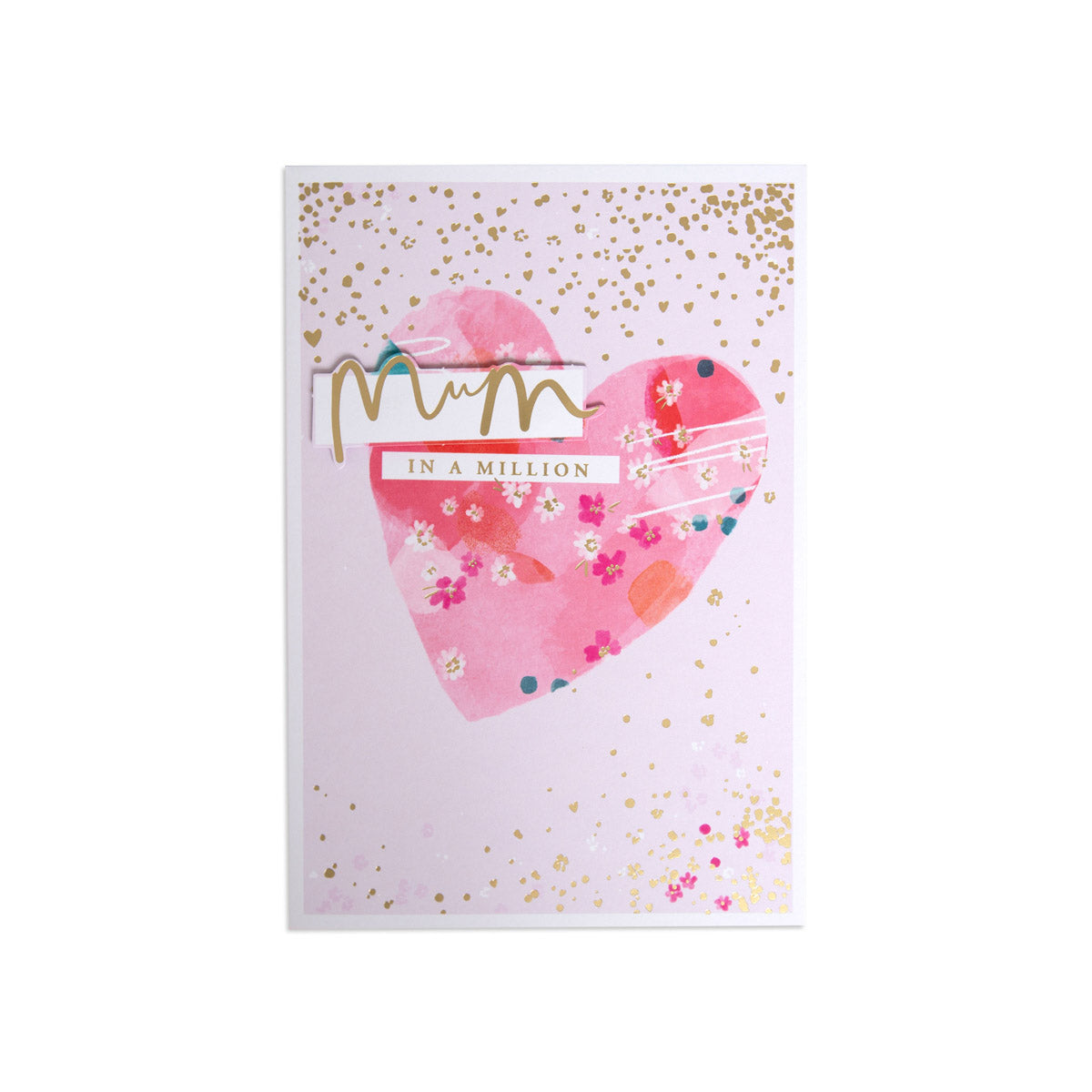 Hallmark Mother's Day Card - Mum in a million with pink heart illustration and gold foil highlights on the front