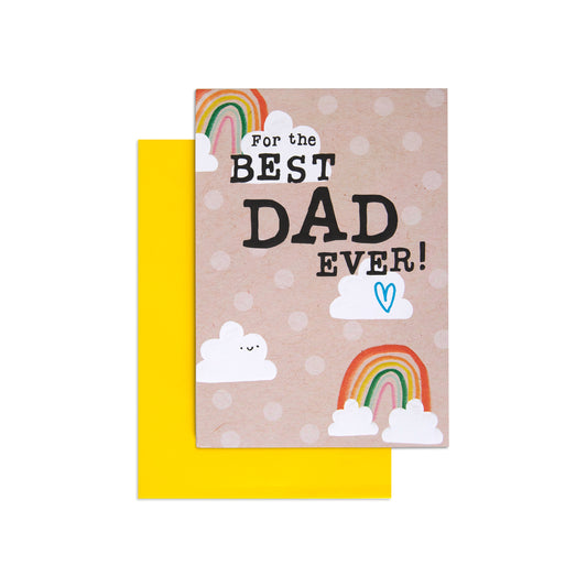 Hallmark Father's Day card - Best Dad Ever! features a playful design with rainbows and clouds, shown flat against a yellow envelope.