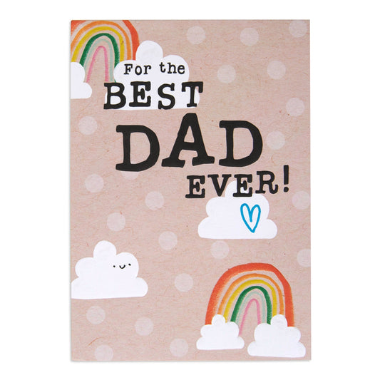 Hallmark Father's Day card - Best Dad Ever! featuring colourful rainbow and cloud designs, flat lay on textured background.