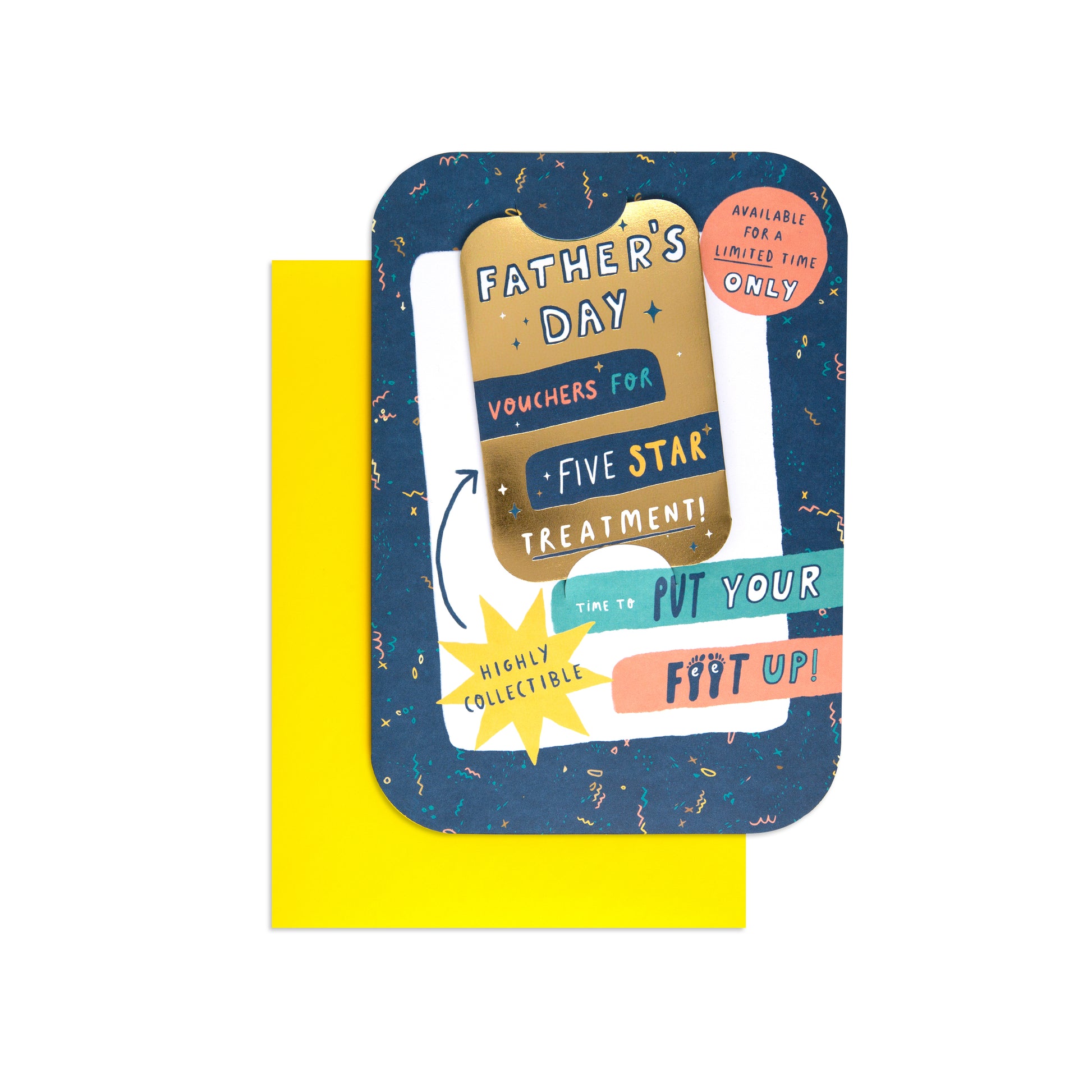 A collectible Father's Day card featuring a dark blue card with gold speckles, a yellow envelope, and colorful illustrated text bubbles that read 'Father's Day Vouchers for Five Star Treatment!' and 'Time to put your f*ck up!'.