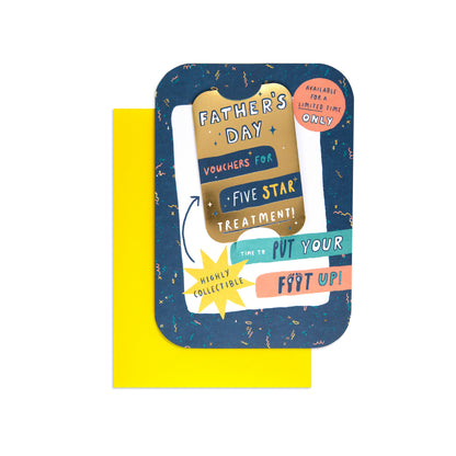 A collectible Father's Day card featuring a dark blue card with gold speckles, a yellow envelope, and colorful illustrated text bubbles that read 'Father's Day Vouchers for Five Star Treatment!' and 'Time to put your f*ck up!'.
